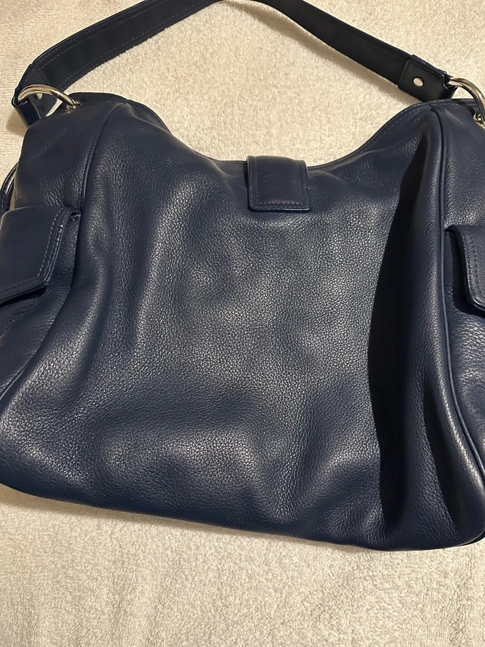Michael Kors Navy Pebbled Leather Hobo Shoulder Bag Silver Hardware EUC